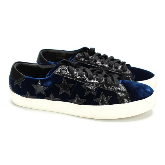 Saint Laurent Court Blue Velvet Black Leather Star Low Top Sneakers 38.5 YSL